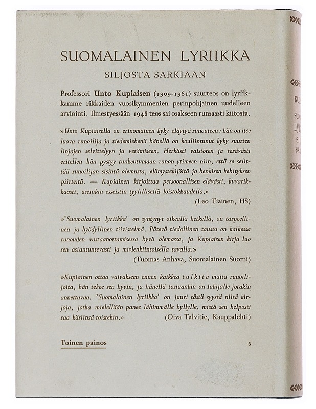 Suomalainen lyriikka Siljosta Sarkiaan - Kupiainen, Unto - Tietokirjat - 10105500119 - 1