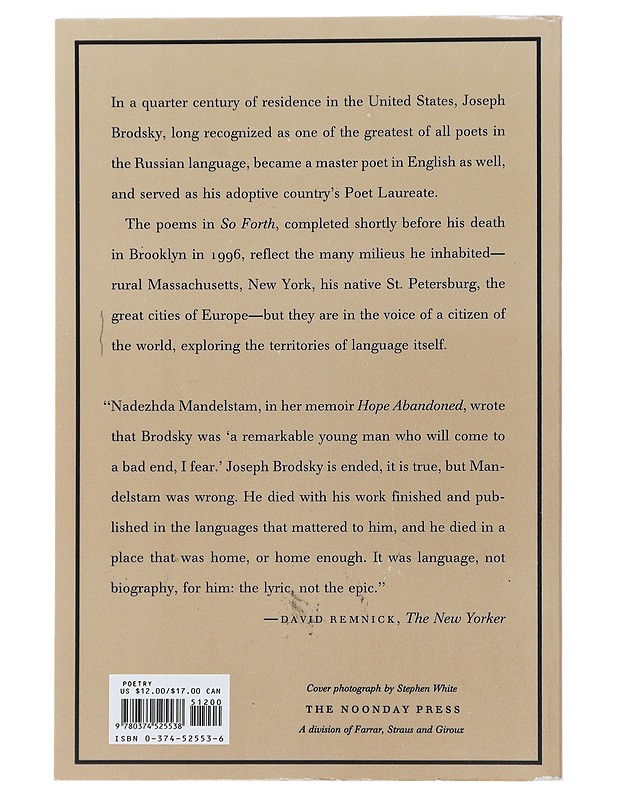 So Forth: Poems - Brodsky, Joseph - Runot ja näytelmät - 10105501356 - 1