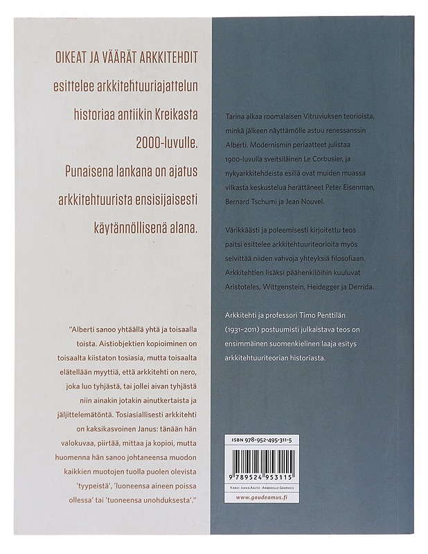 Oikeat ja väärät arkkitehdit : 2000 vuotta arkkitehtuuriteoriaa - Timo Penttilä - Historiakirjat - 10105503431 - 1