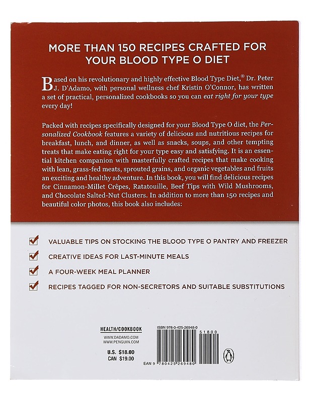 Eat Right 4 Your Type O Personalized Cookbook - D'Adamo , Peter J.  - Tietokirjat ja oppaat - 10105507945 - 1