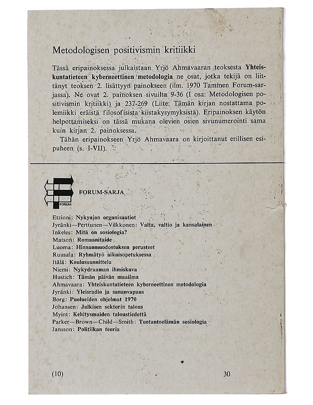 Metodologisen positivismin kritiikki - Yrjö Ahmavaara - Tietokirjat - 10105508082 - 1