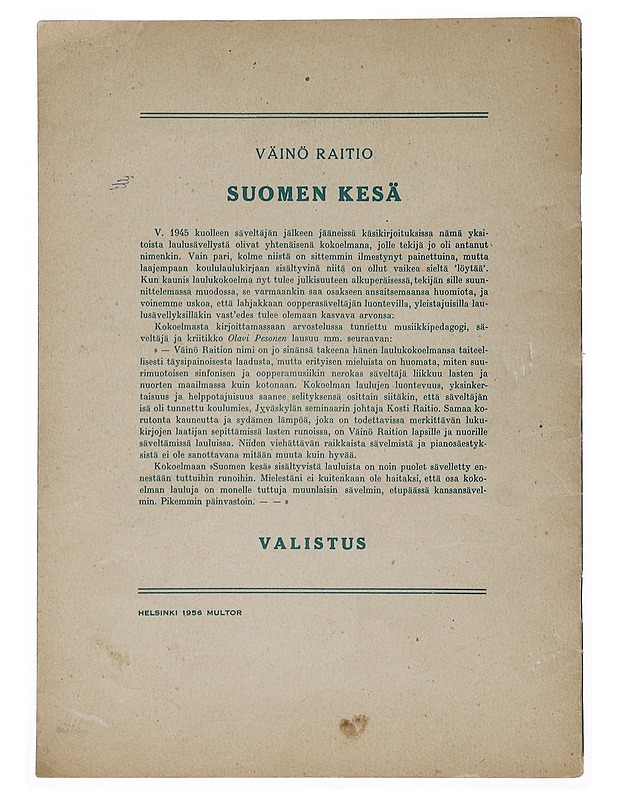 Suomen kesä , 11 laulua lapsille ja nuorisolle - Raitio , Väinö - Musiikki- ja elokuvakirjat - 10105513187 - 1
