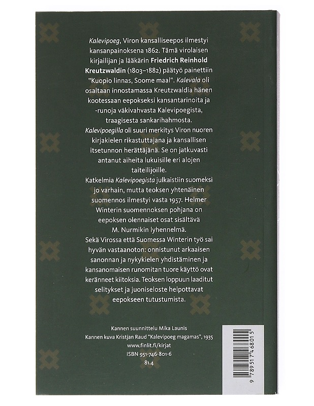 Kalevipoeg : Viron sankarieepos - Kreutzwald, Friedrich Reinhold - Romaanit ja novellit - 10105515136 - 1