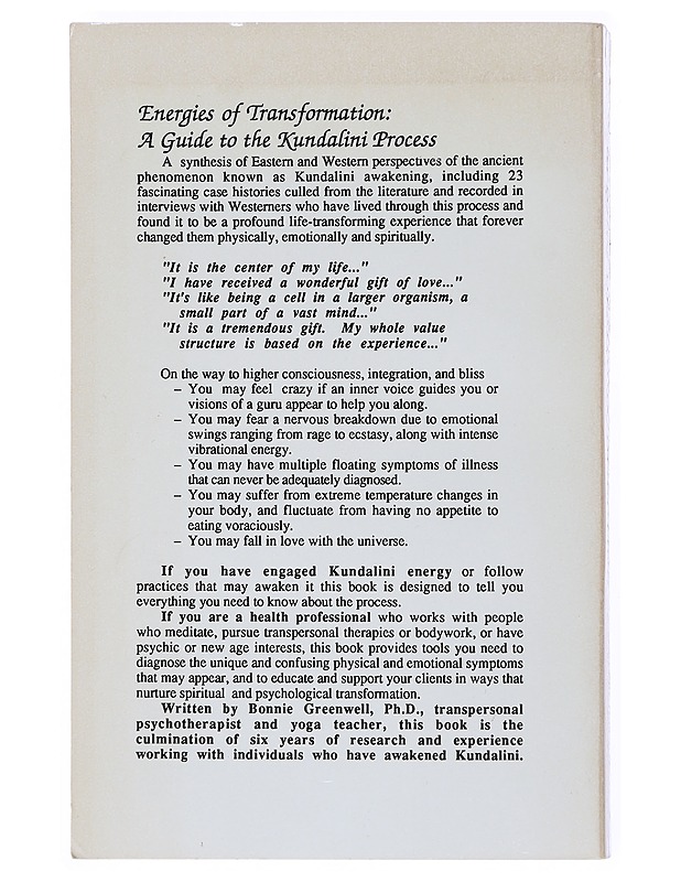 ENERGIES OF TRANSFORMATION: A GUIDE TO THE KUNDALINI By Bonnie L. Greenwell - Tietokirjat ja oppaat - 10105515980 - 1