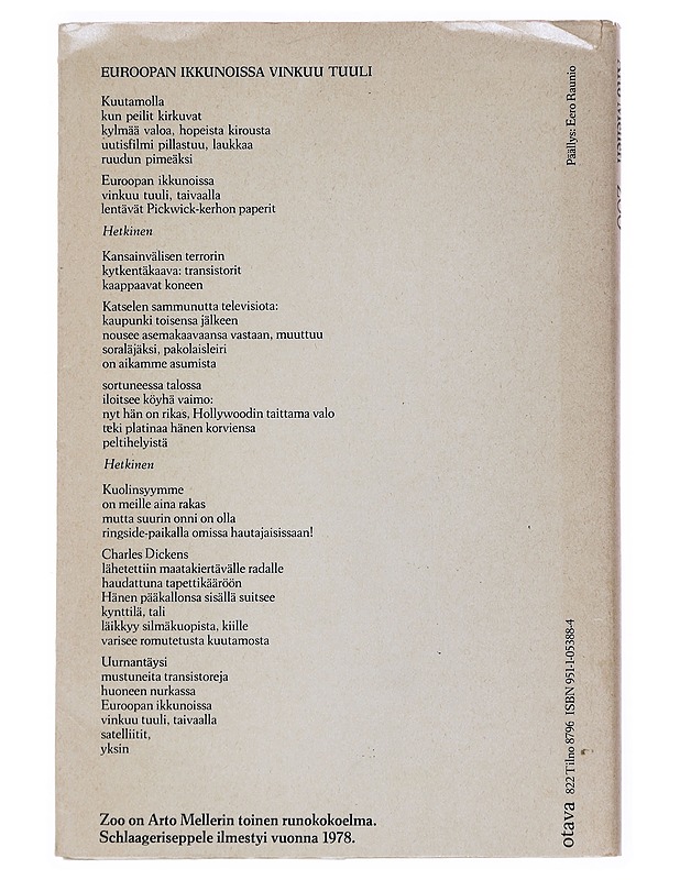 Zoo : runoja - Arto Melleri - Runot ja näytelmät - 10105519085 - 1