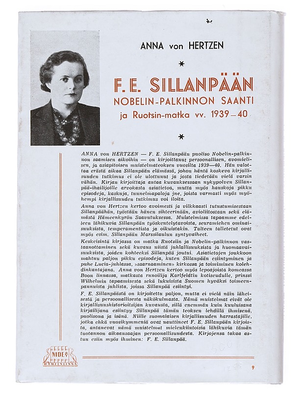 F. E. Sillanpään Nobelin-palkinnon saanti ja Ruotsin-matka vv. 1939-40 - von Hertzen , Anna   - Tietokirjat - 10105526502 - 1