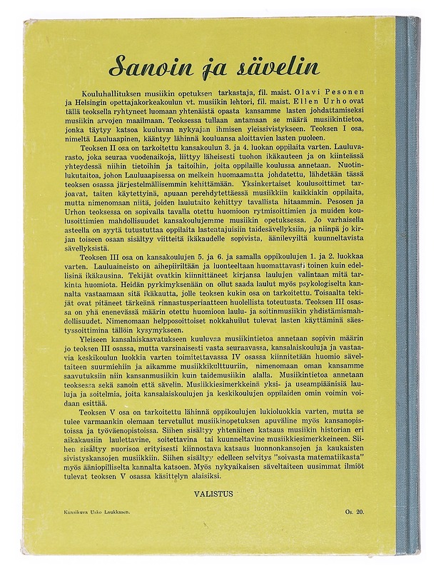 Sanoin ja sävelin 1 - Pesonen, Olavi ; Urho, Ellen - Musiikki- ja elokuvakirjat - 10105535371 - 1