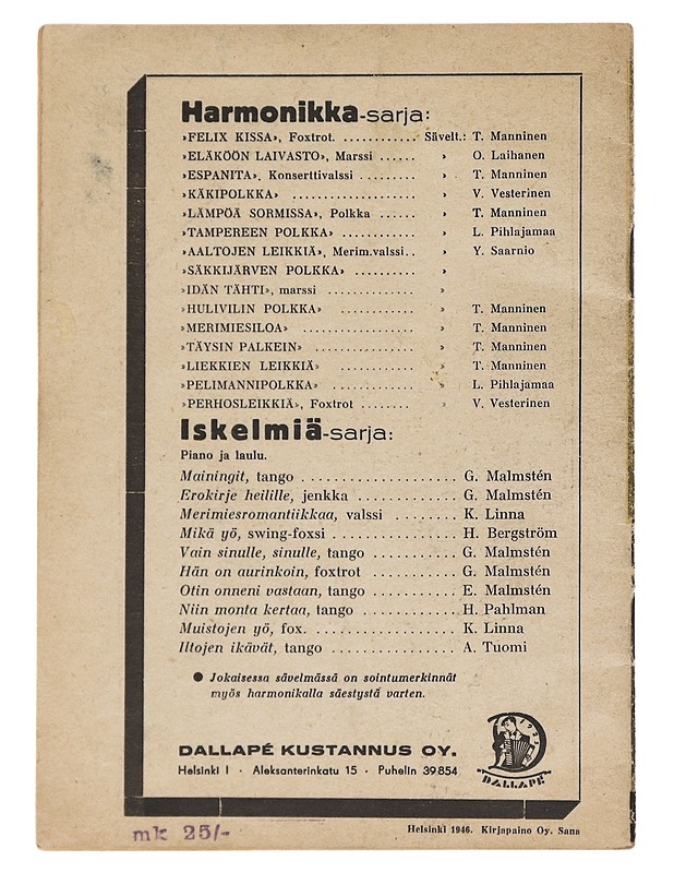 Tanssiorkesteri Dallapé N:o 61/1946 - Musiikki- ja elokuvakirjat - 10105538437 - 1