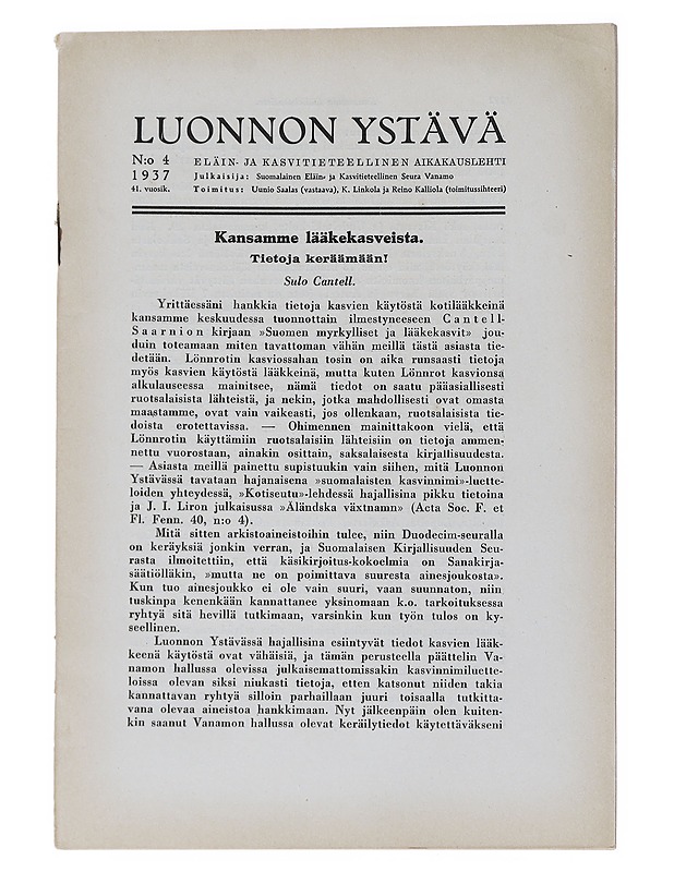 Luonnon Ystävä N:o 4/1937 - Lehdet - 10105539502 - 0
