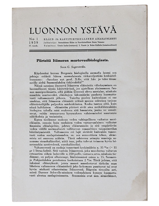 Luonnon Ystävä N:o 1/1939 - Lehdet - 10105539509 - 0