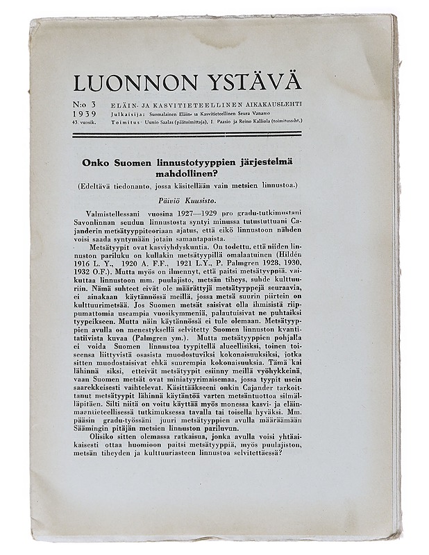Luonnon Ystävä N:o 3/1939 - Lehdet - 10105539545 - 0