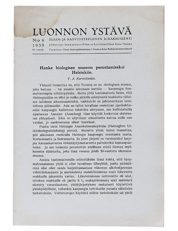 Luonnon Ystävä N:o 4/1939 - Lehdet - 10105539548 - 0