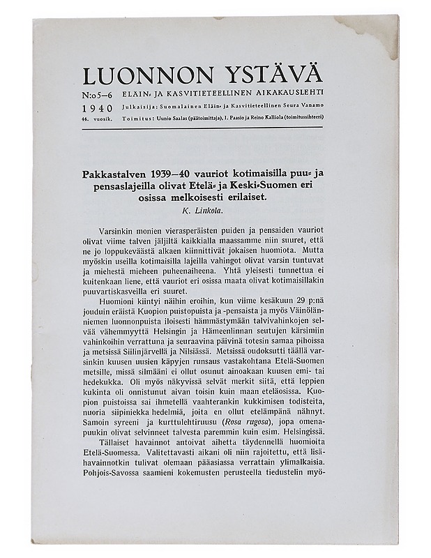 Luonnon Ystävä N:o 5-6/1940 - Lehdet - 10105539567 - 0