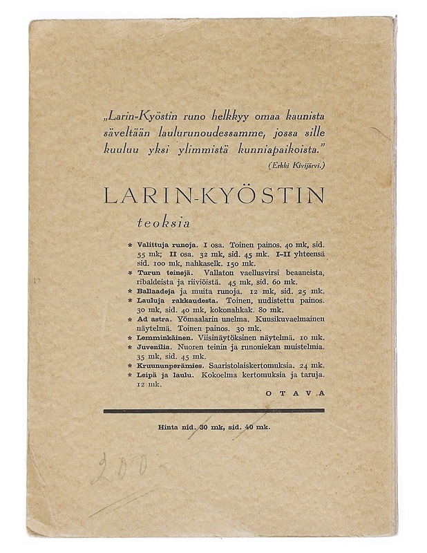 Uusia balladeja ja legendoja - Larin-Kyösti - Runot ja näytelmät - 10105540413 - 1