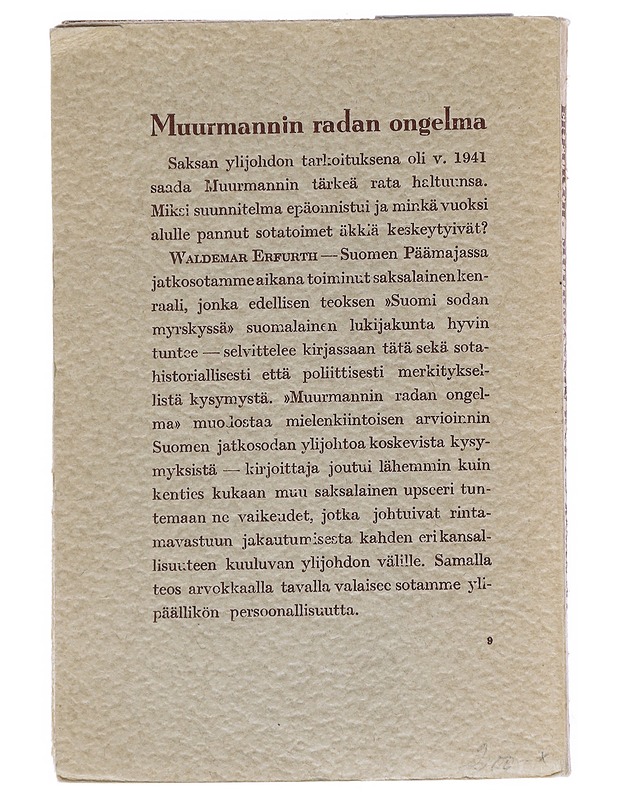 Muurmannin radan ongelma - Erfurth, Waldemar - Tietokirjat ja oppaat - 10105541199 - 1