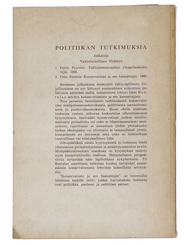 Konservatismi ja sen kannattajat - Rantala, Onni - Tietokirjat - 10105542218 - 1