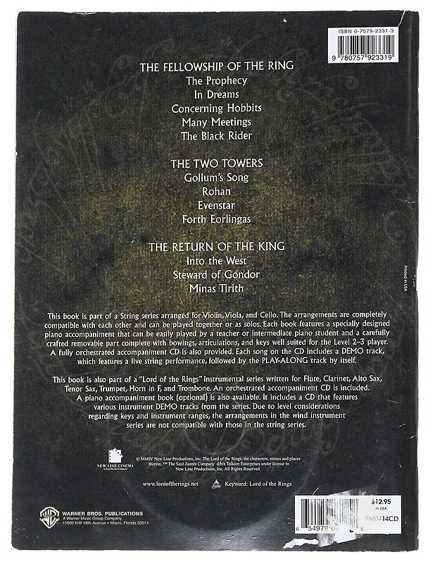 The lord of the rings : instrumental solos : [cello] - Shore, Howard - Musiikki- ja elokuvakirjat - 10105546521 - 1