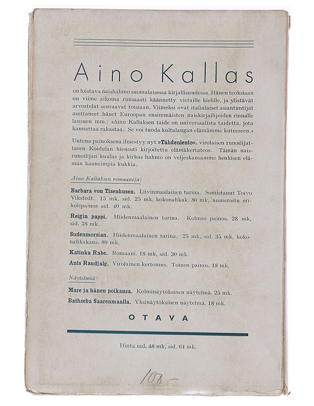 Tähdenlento - Aino Kallas - Elämäkerrat ja muistelmat - 10105547105 - 1