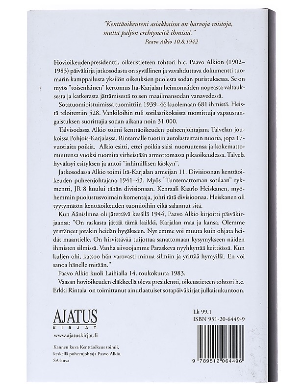 Paavo Alkio, sotatuomarin päiväkirja - Erkki Rintala - Historiakirjat - 10105553129 - 1