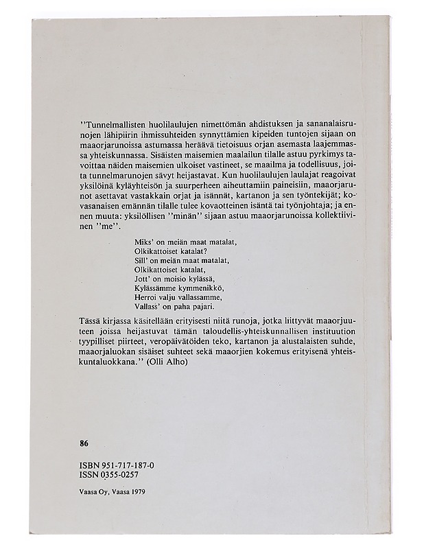 Orjat ja isännät : tutkimus inkeriläisistä maaorjarunoista = Serfs and masters : a study of Ingrian serf poetry - Olli Alho - Historiakirjat - 10105553417 - 1