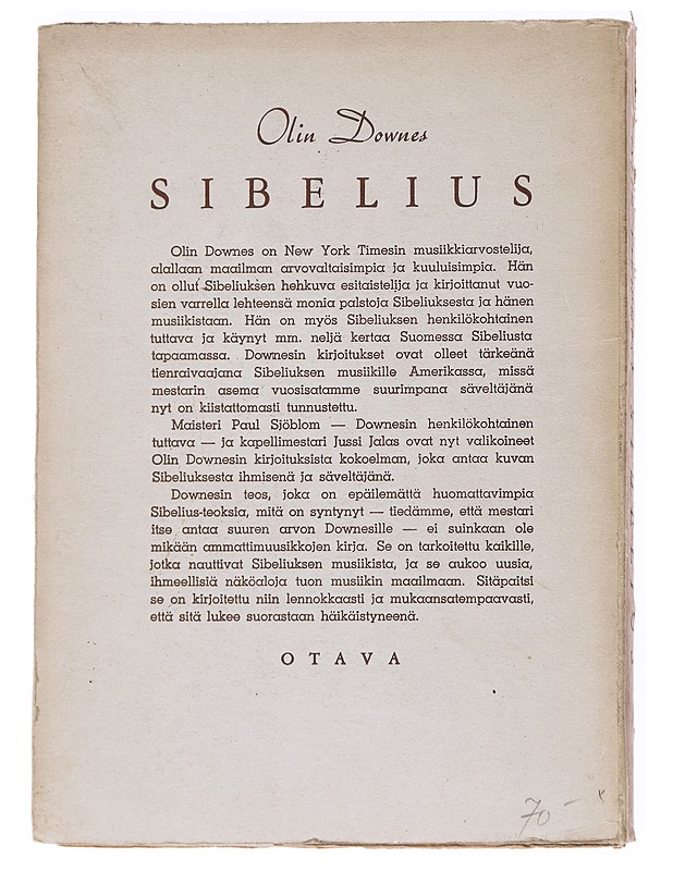 Sibelius -Olin Downes - Romaanit ja novellit - 10105554602 - 1