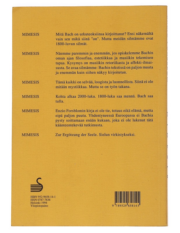 Mimesis: Bachin urkuteosten affekti-ilmaisua etsimässä - Forsblom, Enzio - Historiakirjat - 10105557696 - 1