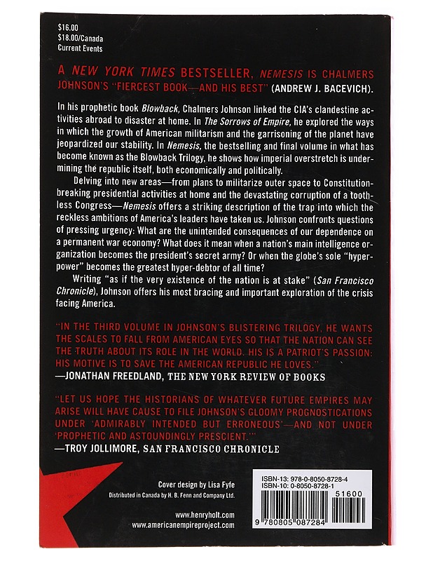 Nemesis / The last days of the American Republic - Chalmers Johnson - Historiakirjat - 10105565383 - 1