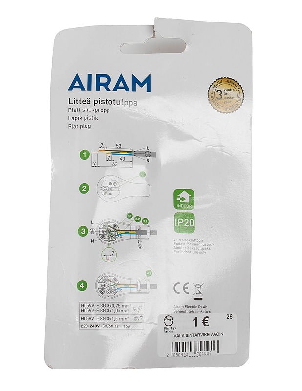 AIRAM litteä pistotulppa 220-240V ~50/60Hz 16A - Muu elektroniikka - 10105569587 - 1