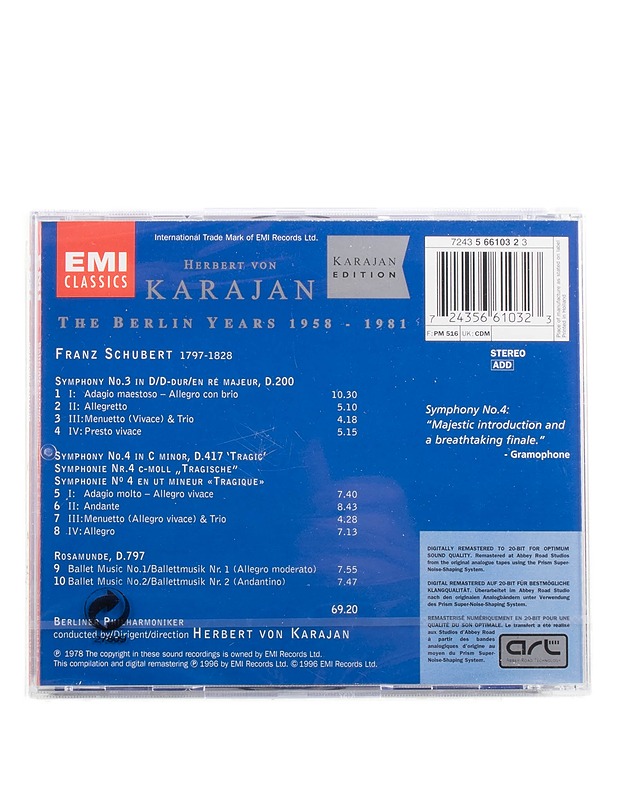 Herbert von Karajan - Schubert Symphonien 3 & 4, Rosamunde Ballet Music no 1 & no 2 - CD - CD-levyt - 10105571278 - 1