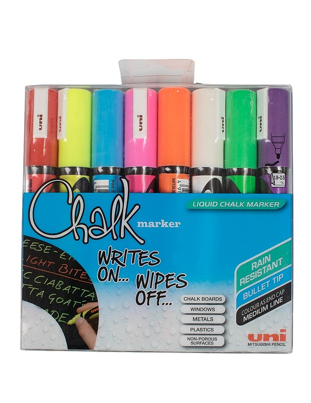 UNI CHALK Juoksevamusteinen lasitaulu marker, 8kpl - Askartelu - 10105579624 - 0