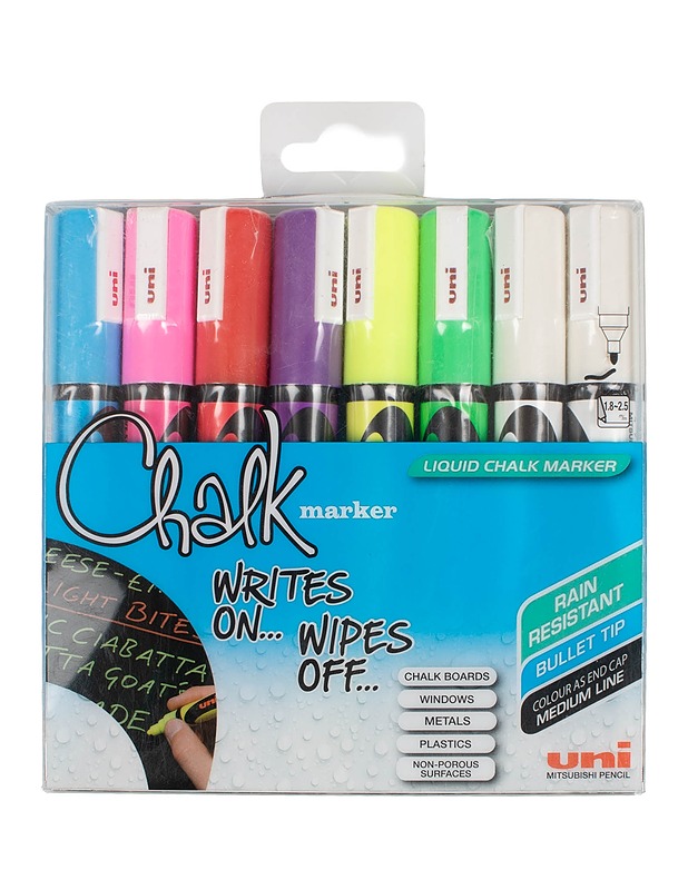 UNI CHALK Juoksevamusteinen lasitaulu marker, 8kpl - Askartelu - 10105579624 - 1