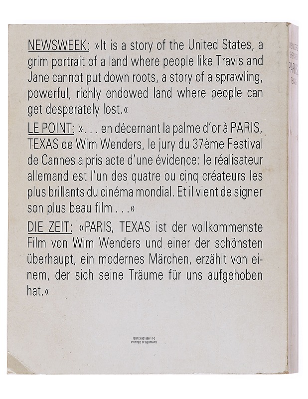 Paris, Texas - Wim Wenders, Sam Shepard - Musiikki- ja elokuvakirjat - 10105587061 - 1