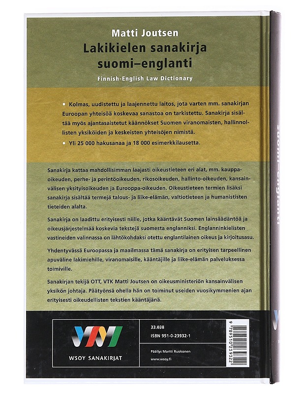 Lakikielen sanakirja : suomi-englanti = Finnish-English law dictionary - Matti Joutsen - Tietokirjat ja oppaat - 10105592464 - 1