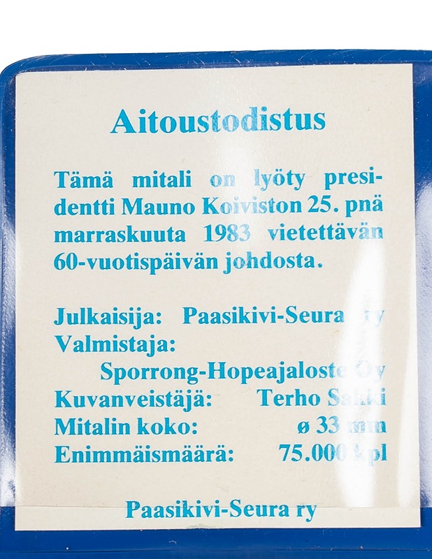 Mauno Koiviston 60-vuotisjuhlamitalia - 1983 - Muut sisustustavarat - 10105602906 - 2