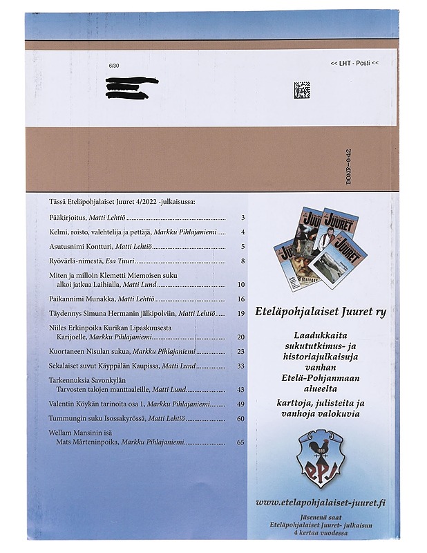 Eteläpohjalaiset Juuret 4/2022  - Lehdet - 10105603508 - 1