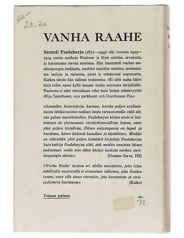 Vanha Raahe - Samuli Paulaharju - Elämäkerrat ja muistelmat - 10105603530 - 1