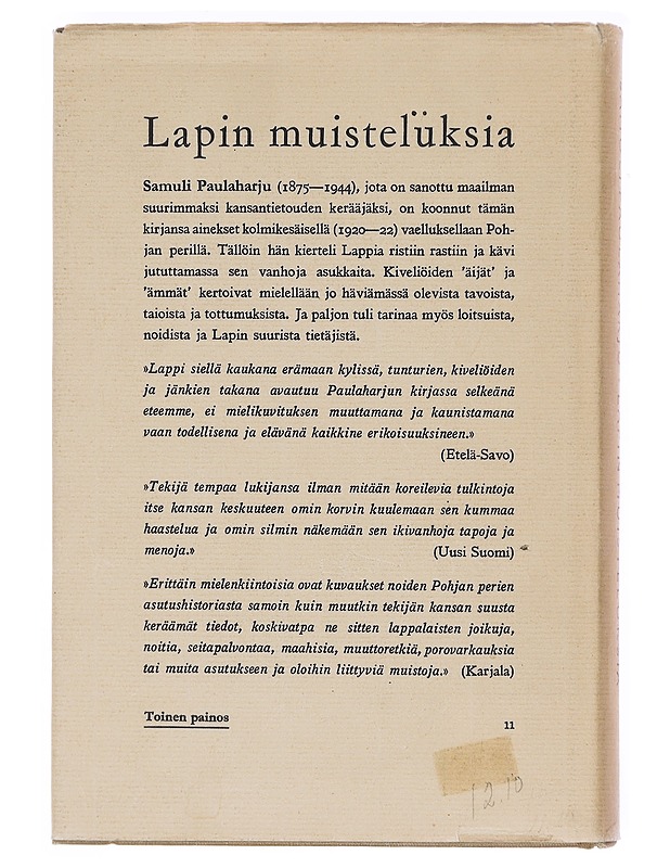 Lapin muisteluksia - Samuli Paulaharju - Historiakirjat - 10105603612 - 1