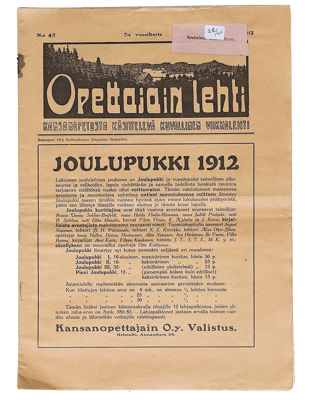 Opettajain Lehti 45 / 1912 - Lehdet - 10105608036 - 0