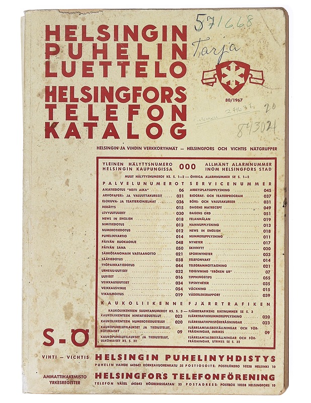Helsingin puhelinluettelo. N:o 80, 1967 : S-Ö - Taide- ja kulttuurikirjat - 10105611830 - 0