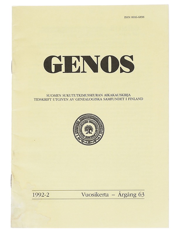 Genos : Suomen sukututkimusseuran  1992 No. 2 - Lehdet - 10105613731 - 0