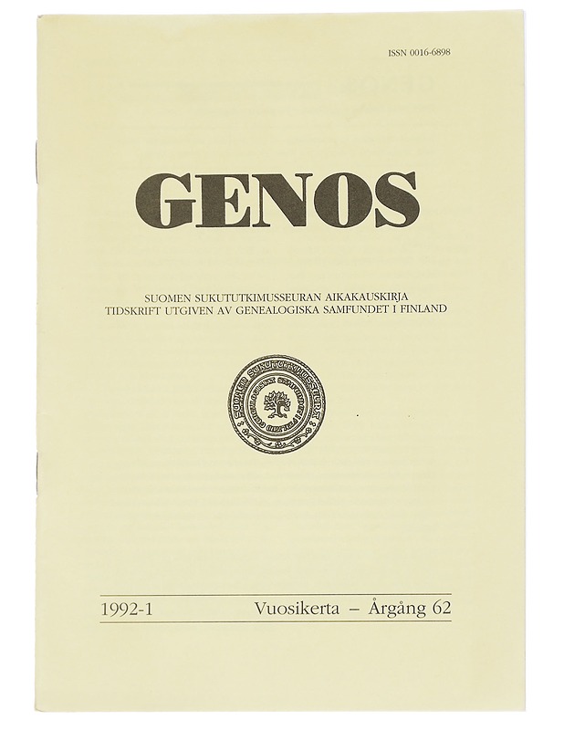 Genos : Suomen sukututkimusseuran  1992 No. 1 - Lehdet - 10105613735 - 0