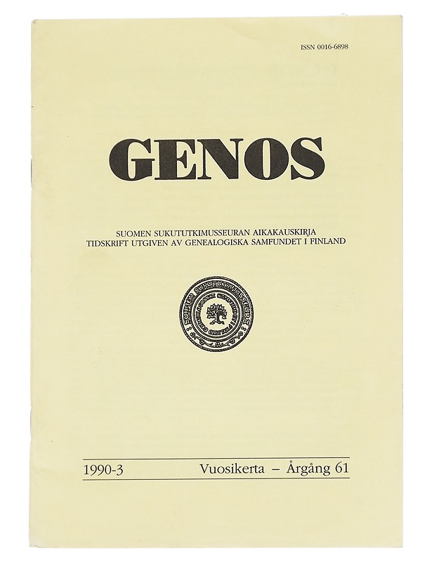 Genos : Suomen sukututkimusseuran  1990 No. 3 - Lehdet - 10105613747 - 0