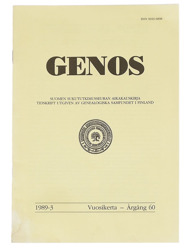 Genos : Suomen sukututkimusseuran  1989 No. 3 - Lehdet - 10105613764 - 0