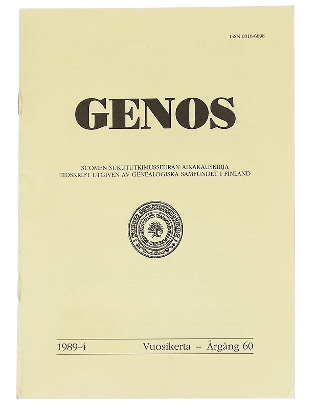 Genos : Suomen sukututkimusseuran  1989 No. 4 - Lehdet - 10105613769 - 0