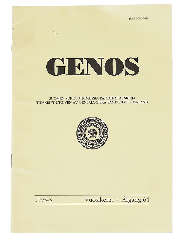 Genos : Suomen sukututkimusseuran  1993 No. 3 - Lehdet - 10105613794 - 0