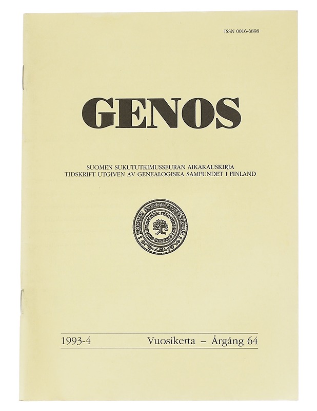 Genos : Suomen sukututkimusseuran  1993 No. 4 - Lehdet - 10105613799 - 0