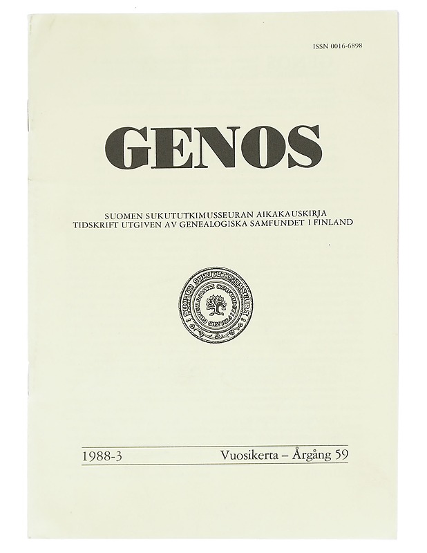 Genos : Suomen sukututkimusseuran  1988 No. 3 - Lehdet - 10105613816 - 0