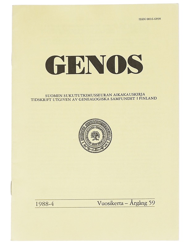 Genos : Suomen sukututkimusseuran  1988 No. 4 - Lehdet - 10105613847 - 0