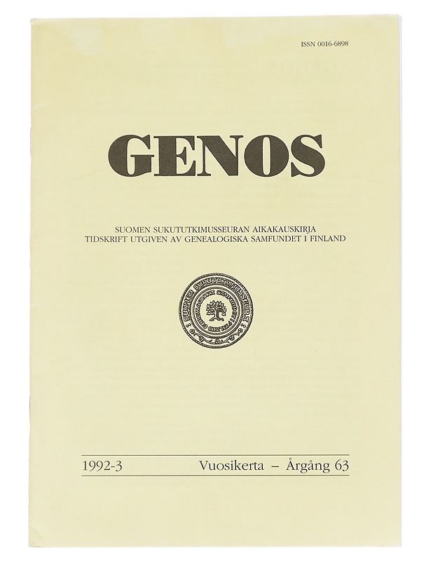 Genos : Suomen sukututkimusseuran  1992 No. 3 - Lehdet - 10105613852 - 0