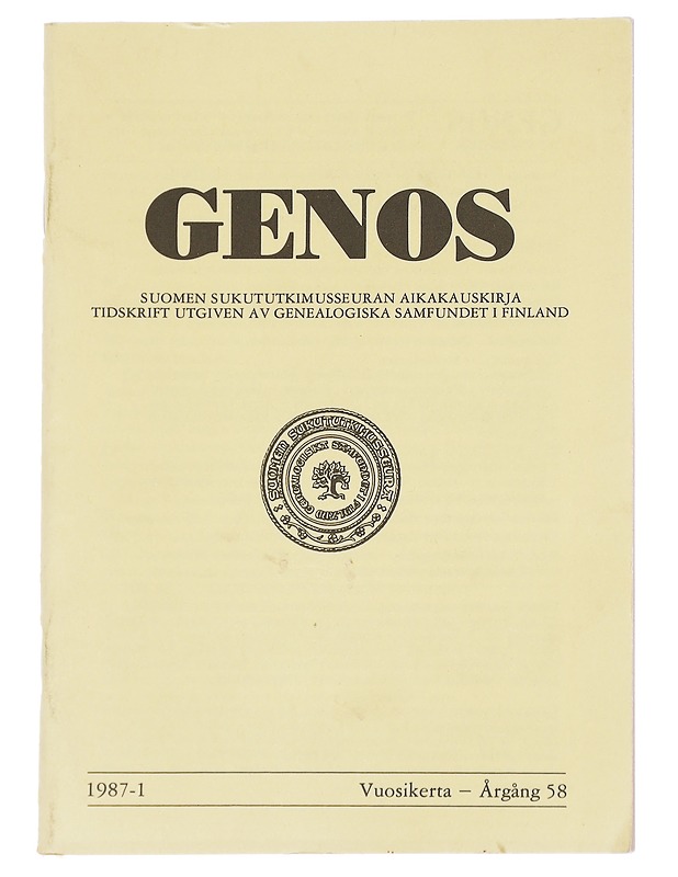 Genos : Suomen sukututkimusseuran  1987 No. 1 - Lehdet - 10105613866 - 0